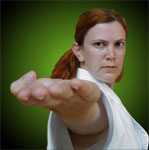 Anne 'Bob' Herlihy 4th Dan - performing "jodan shuto uchi"  - knife hand strike to the face
